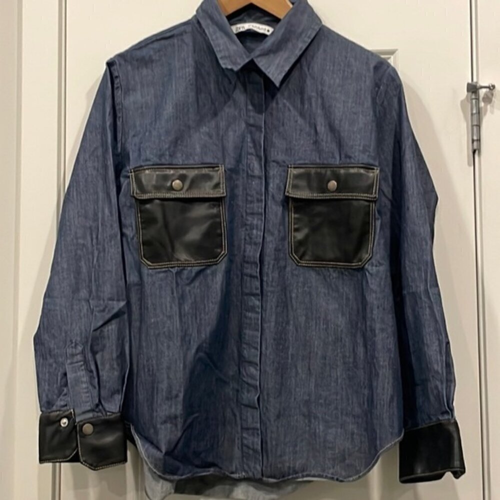 EC Zara Denim / Faux Leather Button Down Shirt - Size XL